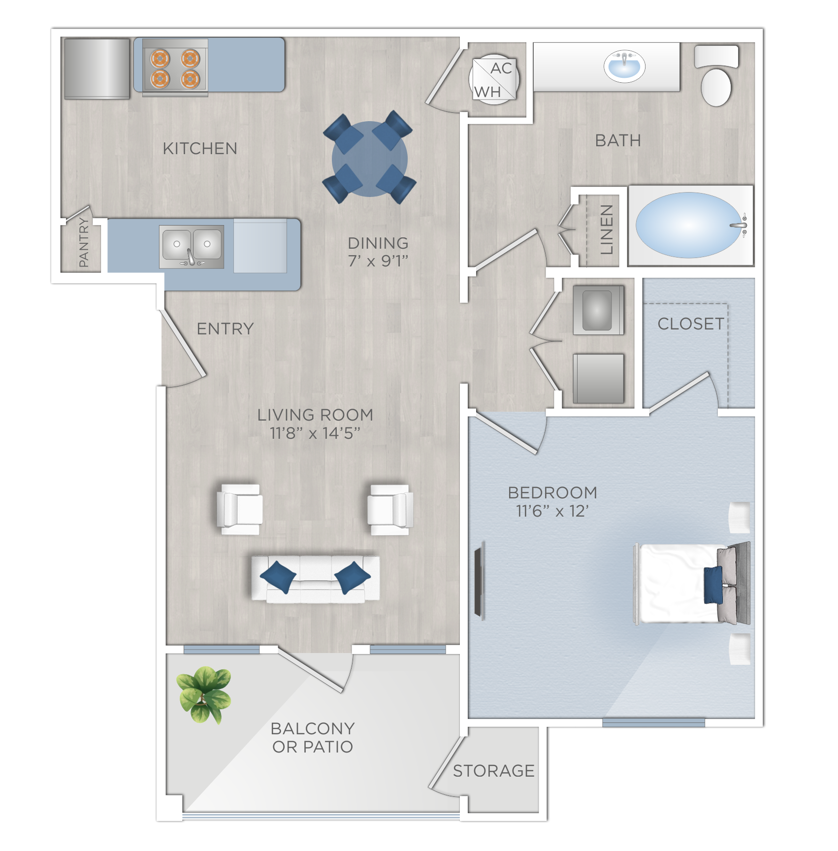 Floor plan for 1 bed, 1 bath, 691 sqft